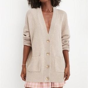 Aerie Women L Beige Knit 100% Cotton V-Neck Button Up Oversized Varsity Cardigan